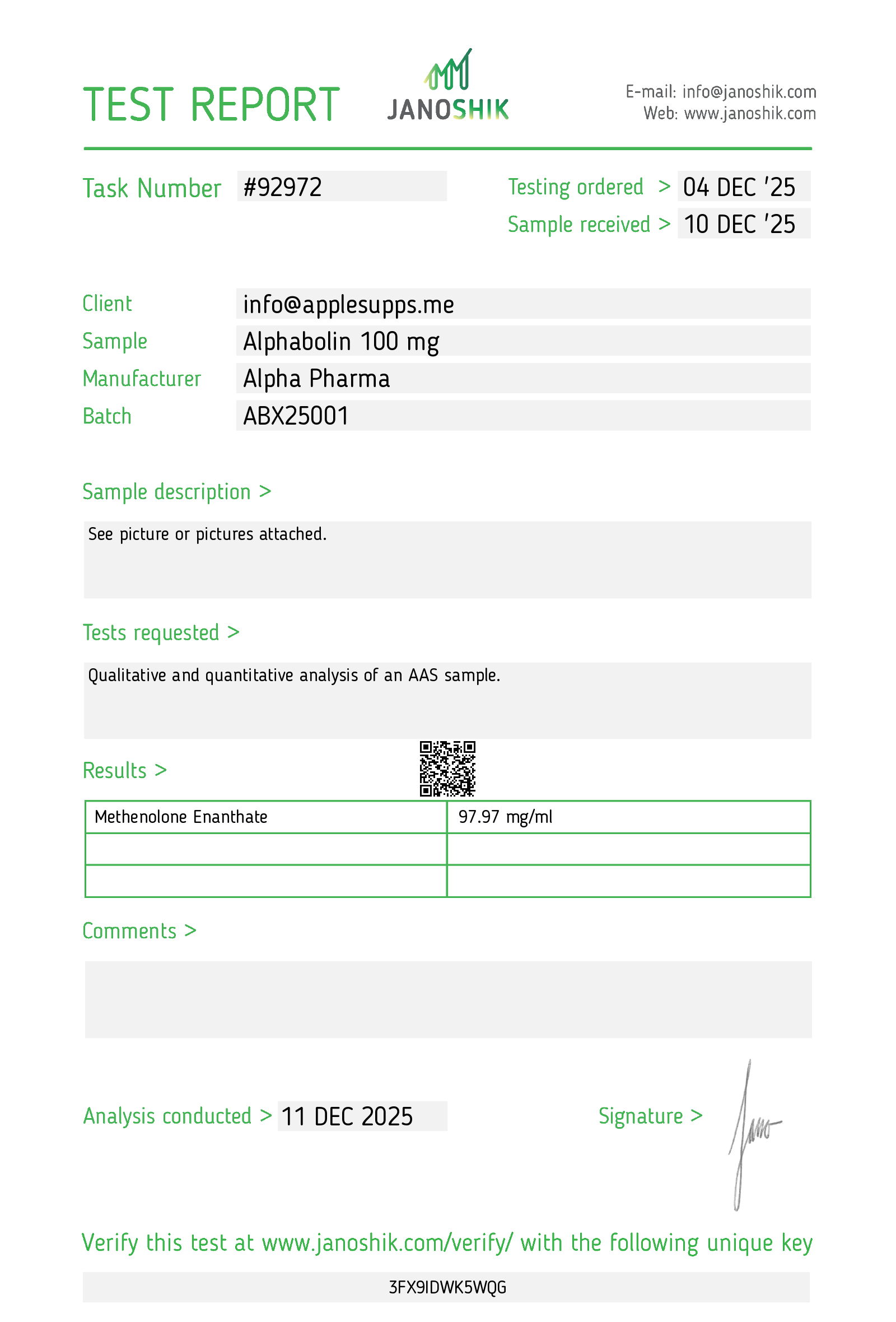 Janošik independent laboratory certificate of analysis — batch ABX25001