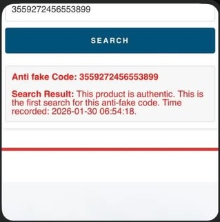 Manufacturer anti-fake checker confirming the product code is authentic