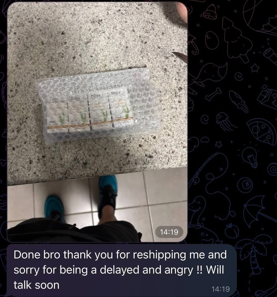 Customer thanking us for reshipping their order