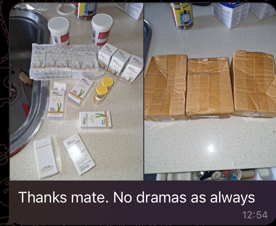 A customer message reading no dramas as always, sent above photos of his delivered parcels